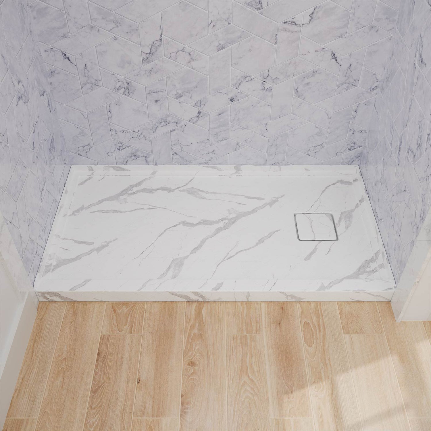 60 IN x 32 IN One Piece Marble Pattern Shower Pan with Right Drain