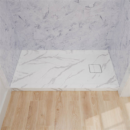 60 IN x 32 IN One Piece Marble Pattern Shower Pan with Right Drain