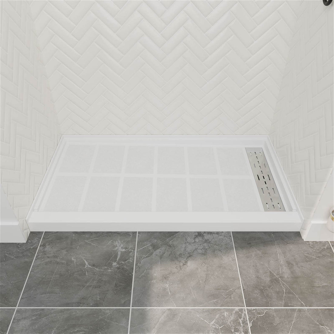 60 IN x 34 IN White Right Drain Solid Surface Shower Base