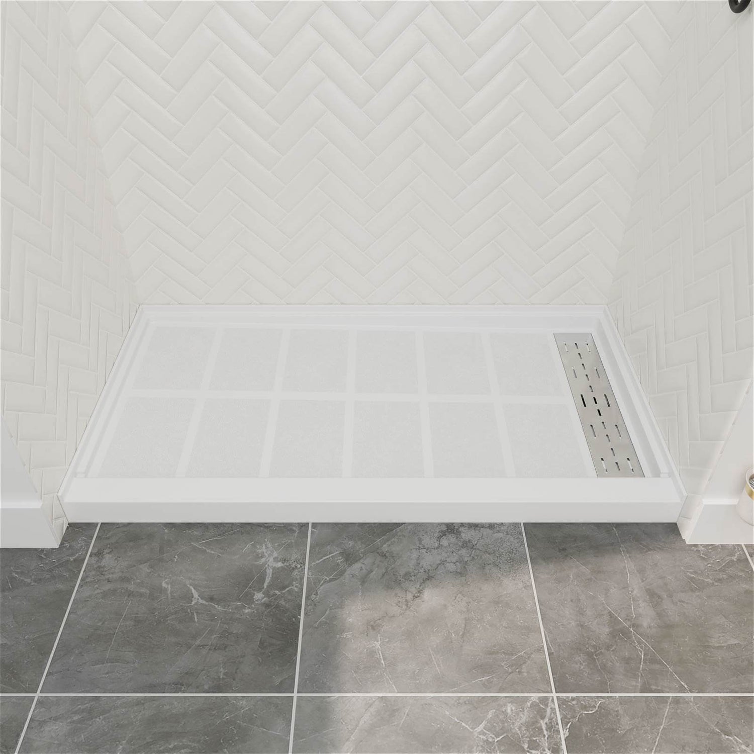 60 IN x 34 IN White Right Drain Solid Surface Shower Base