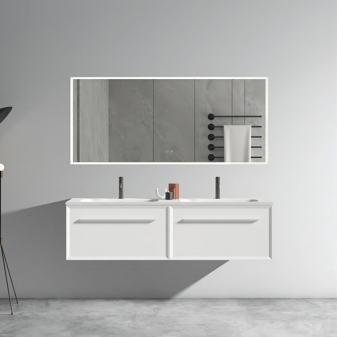 60-Inch Matt Snow White Wall Mounted Bathroom Vanity, LED Light &amp; Sink