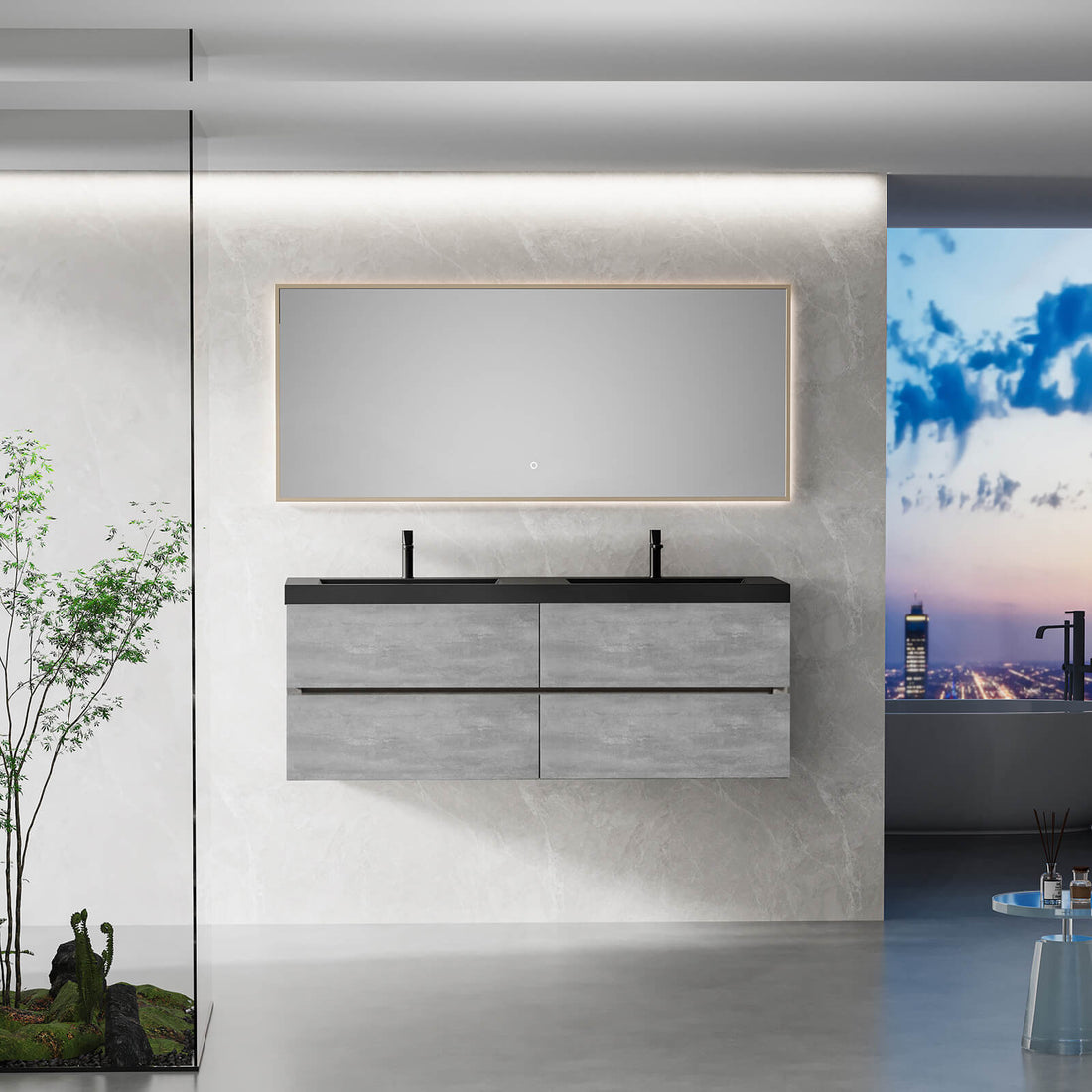 60 in Ash Gray Wall Mounted Bathroom Vanity with Black Quartz Sand Top Basin