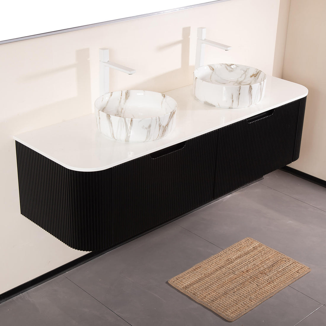 60 in Black Double Sink Vanity with Stone Veined Ceramic Basins