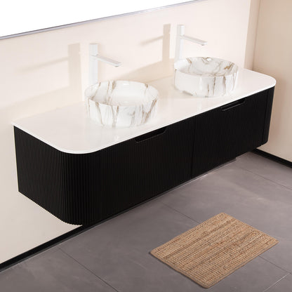 60 in Black Double Sink Vanity with Stone Veined Ceramic Basins