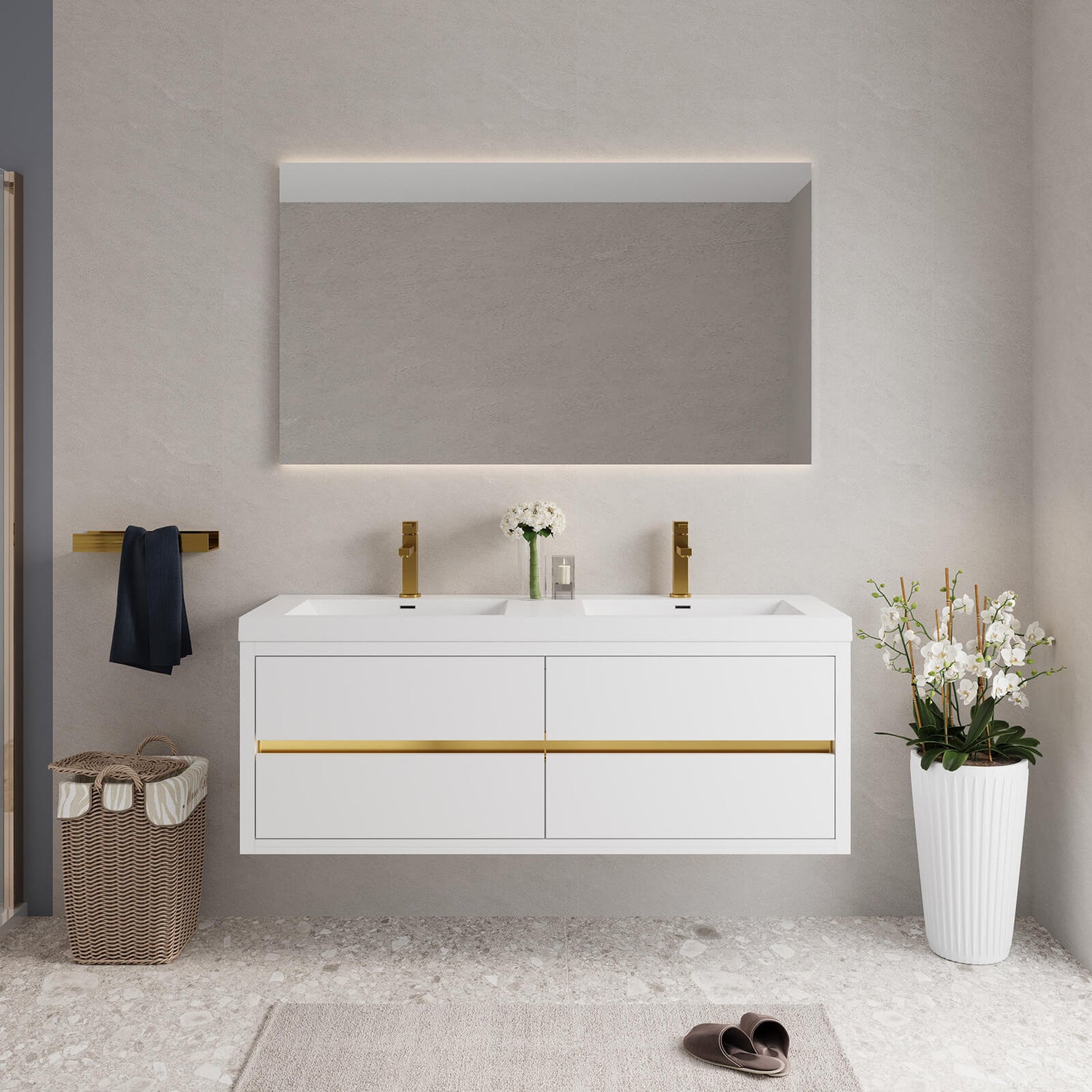 60 in Luxurious Double Sink Vanity with Gold Accent Design