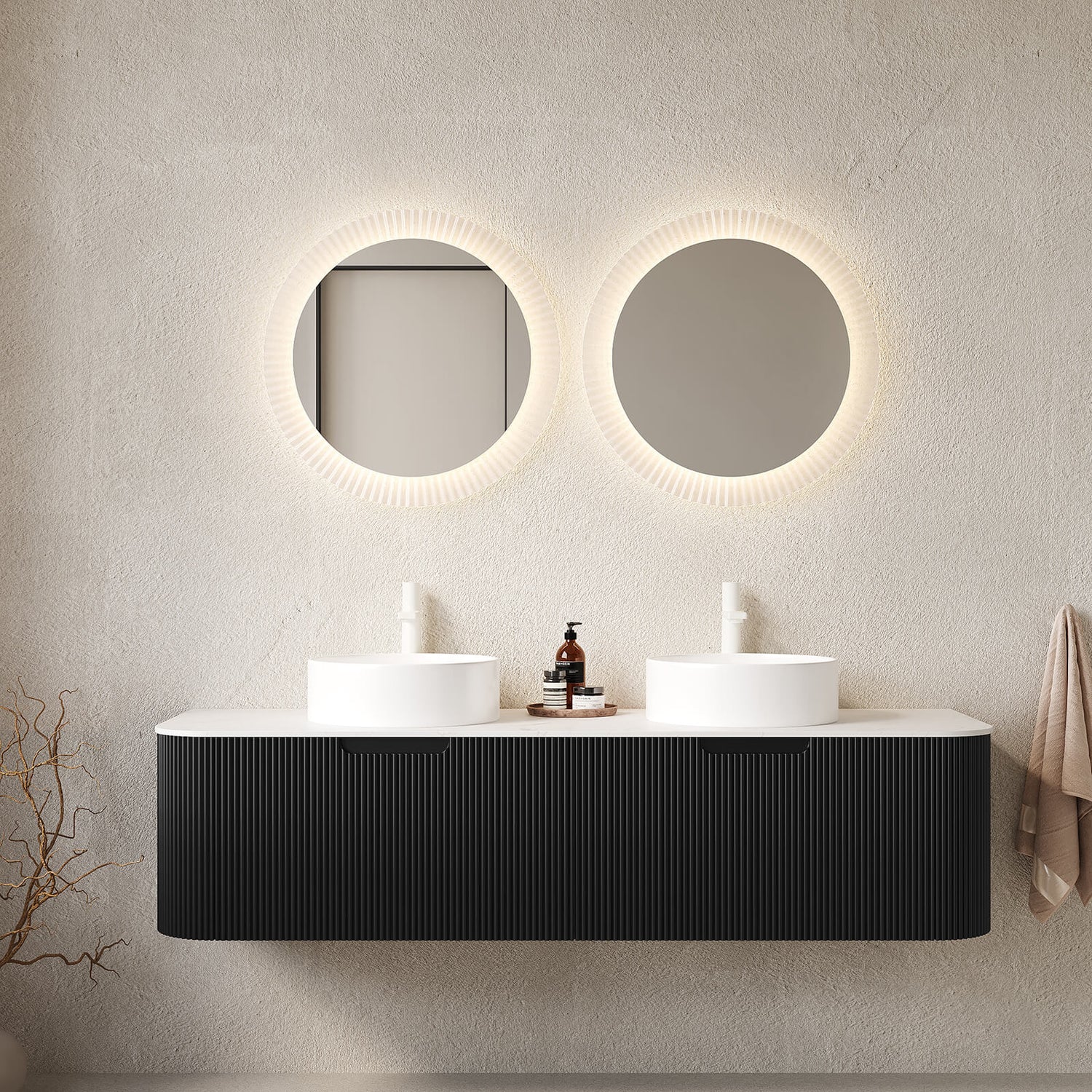 60 in Pre Assembled Floating Vanity with Curved Edge Striped Design in Black