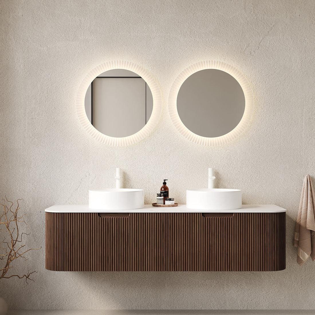 60 in Pre Assembled Floating Vanity with Curved Edge Striped Design in Walnut