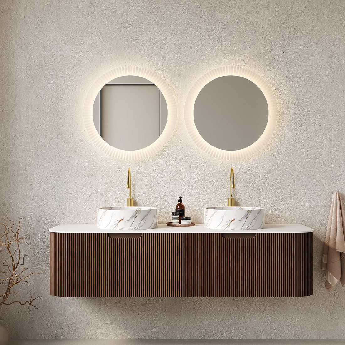 60 in Walnut Double Sink Vanity with Stone Veined Ceramic Basins