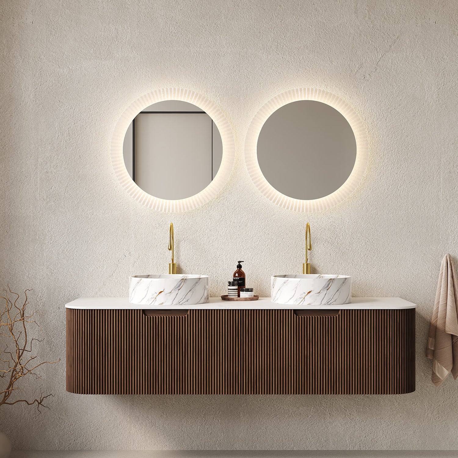 60 in Walnut Double Sink Vanity with Stone Veined Ceramic Basins