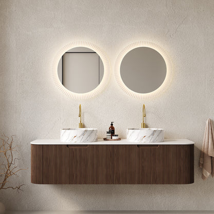 60 in Walnut Double Sink Vanity with Stone Veined Ceramic Basins