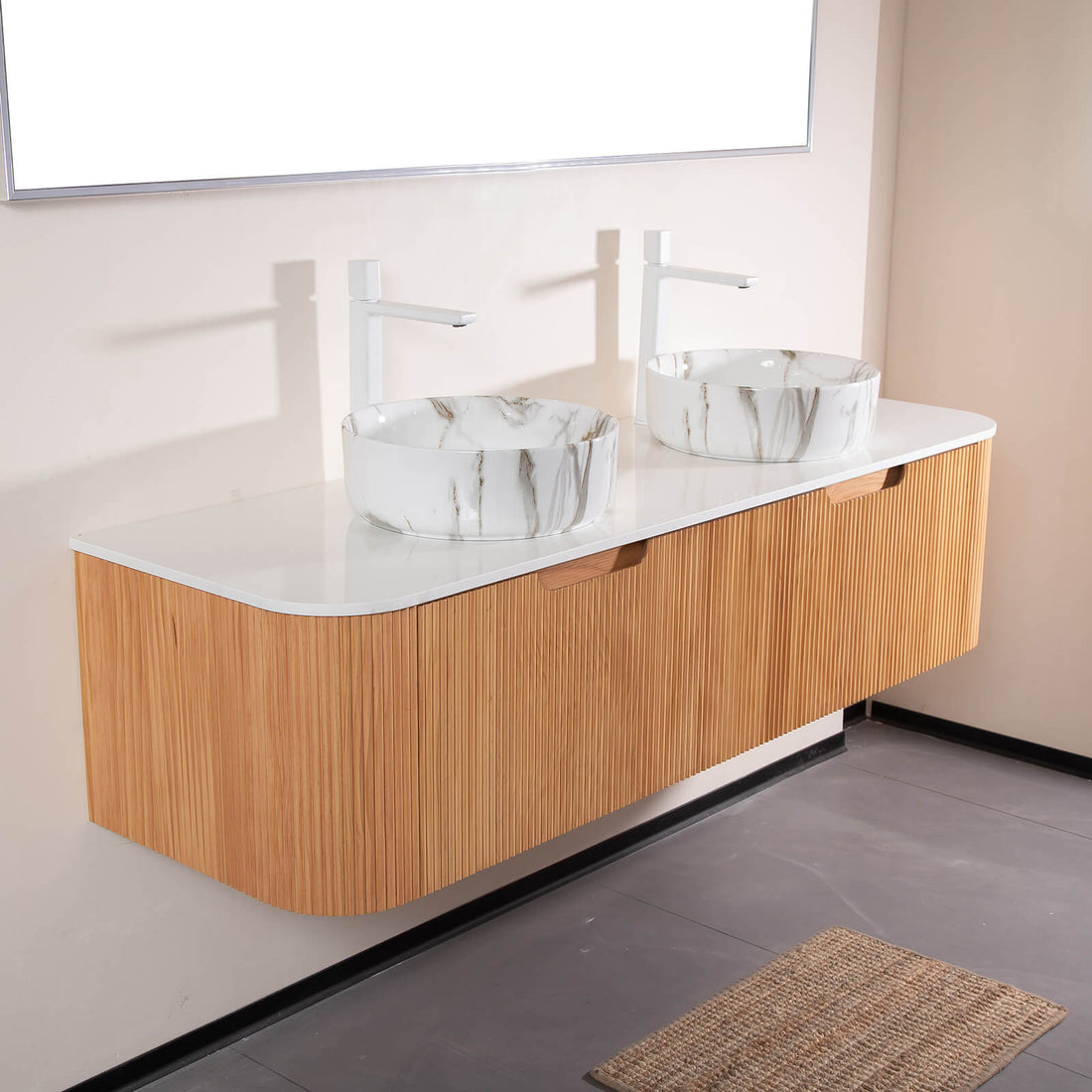 60 in White Oak Double Sink Vanity with Stone Veined Ceramic Basins
