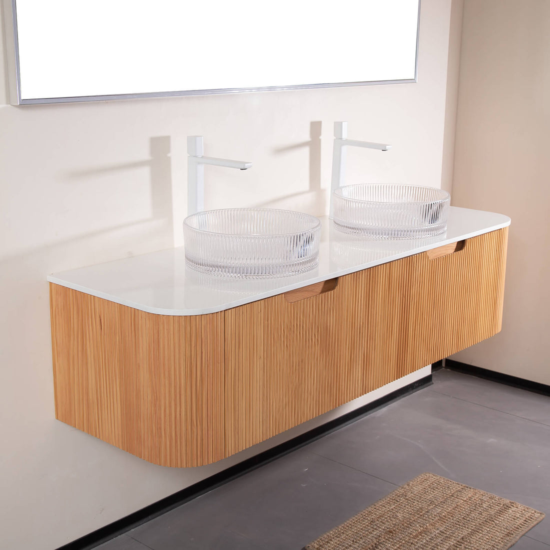 60 in White Oak Vanity with Double Clear Vessel Sinks