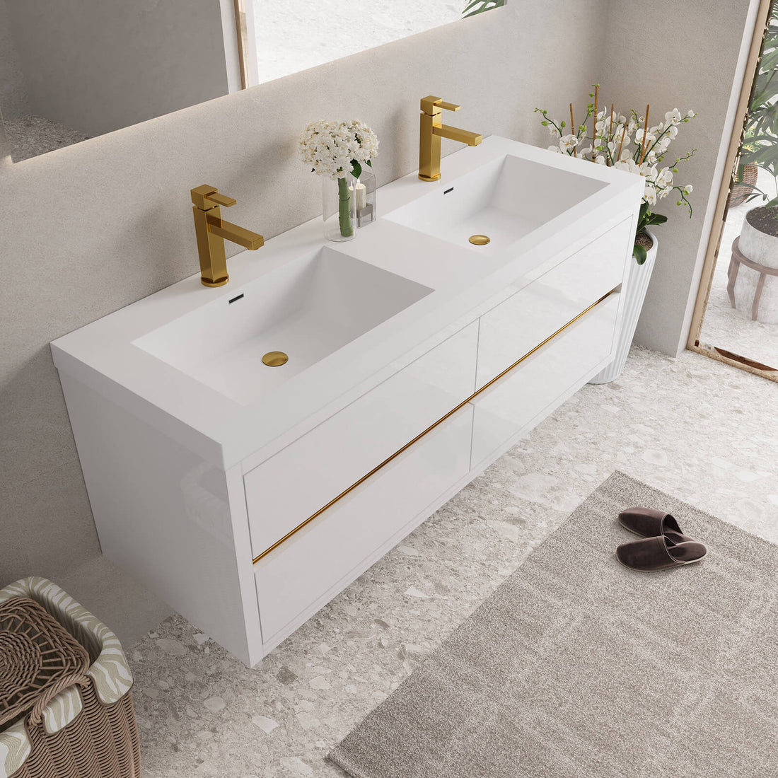 60 in luxurious double sink vanity with hidden gold handles for modern bathrooms