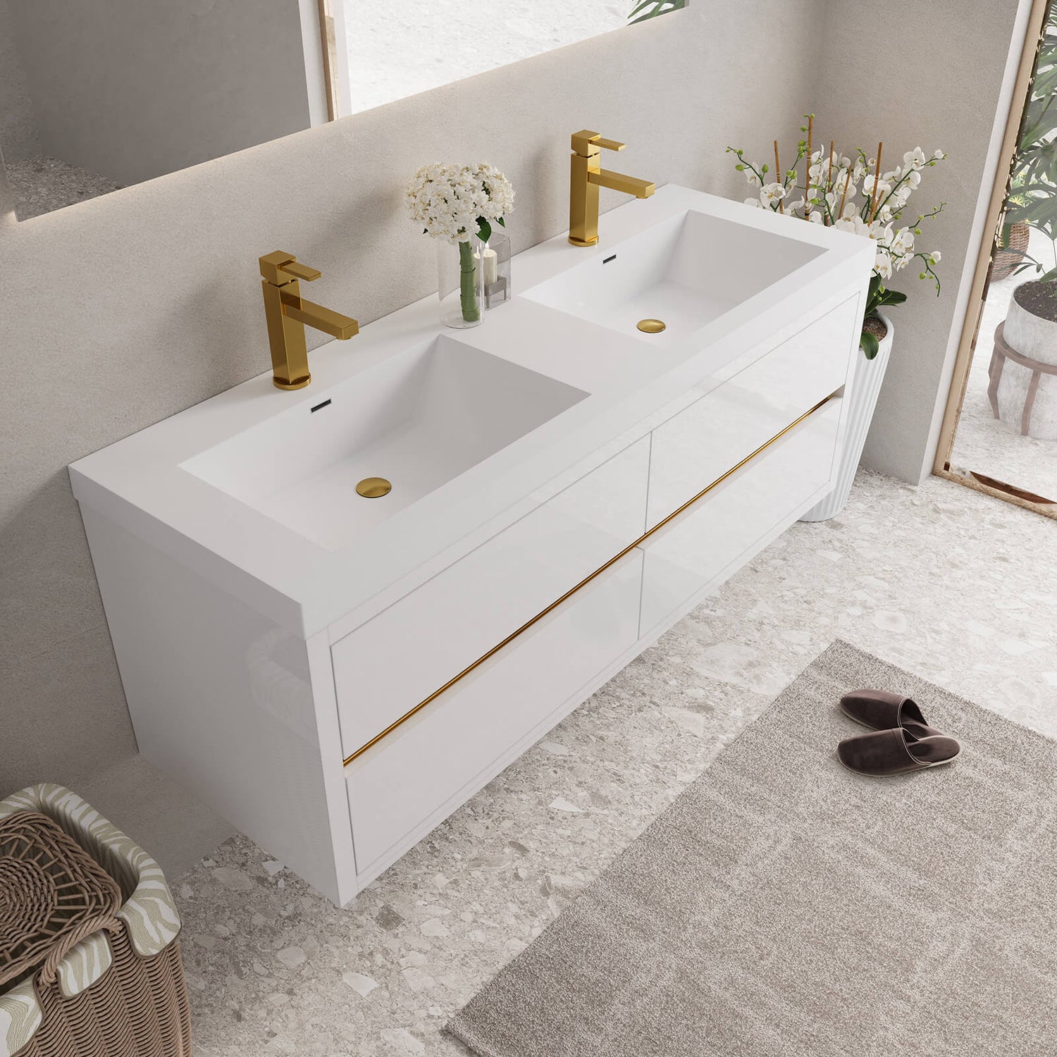60 in luxurious double sink vanity with hidden gold handles for modern bathrooms