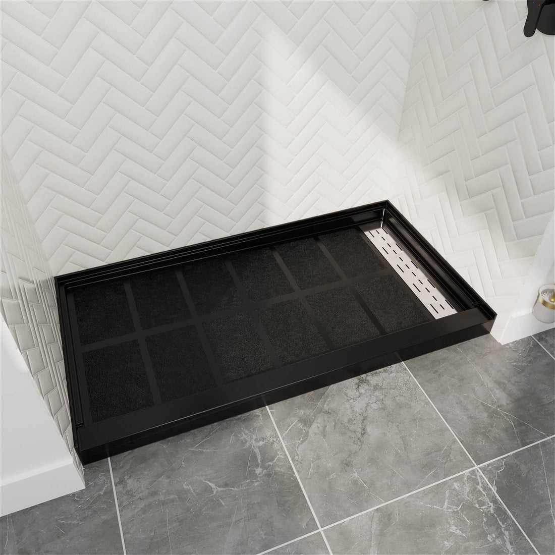 60 in x 34 in Black Right Drain Solid Surface Shower Base