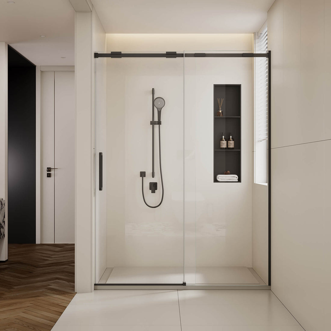 60 in x 74 in Matte Black Single Sliding Glass Shower Door