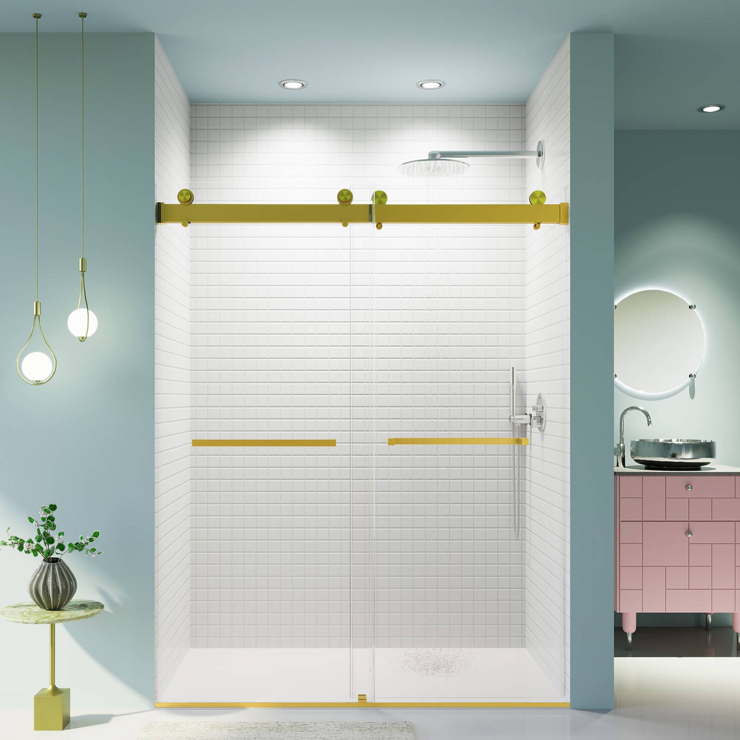 60 in x 76 in Brushed Gold Double Sliding Soft Close Shower Door