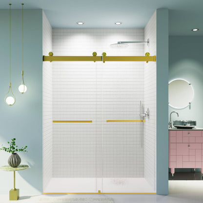 60 in x 76 in Brushed Gold Double Sliding Soft Close Shower Door