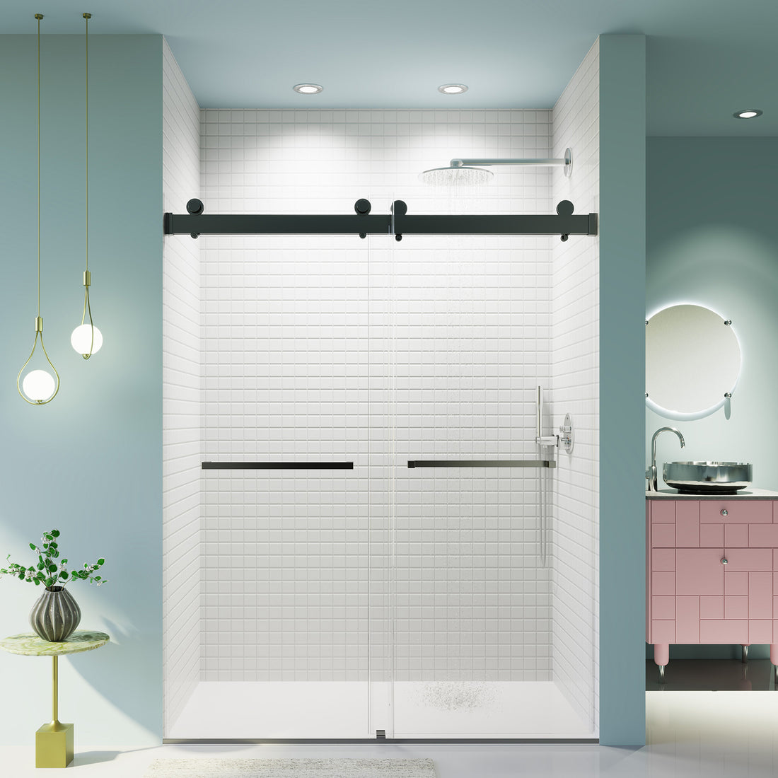 60 in x 76 in Matte Black Double Sliding Soft Close Shower Door