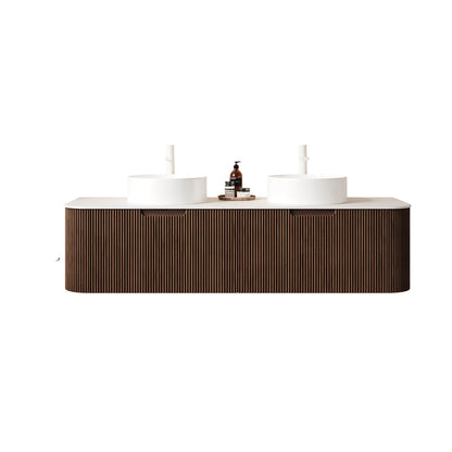 60 inch walnut floating bathroom vanity with vessel sink