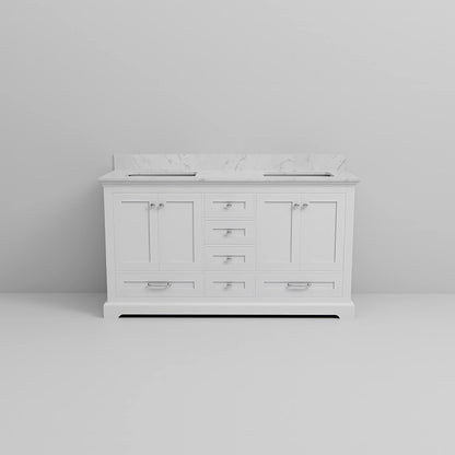 60 inch white double sink bathroom vanity with Carrara marble countertop