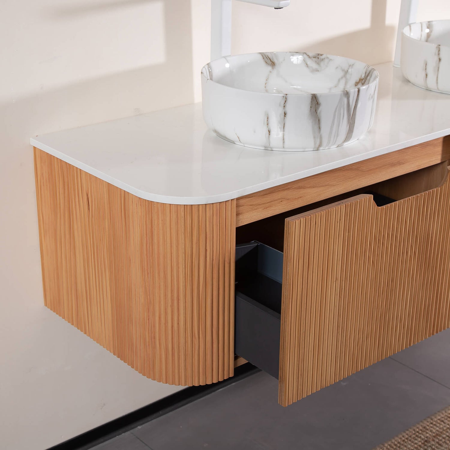 60 inch white oak double sink bathroom vanity with stone veined ceramic basins