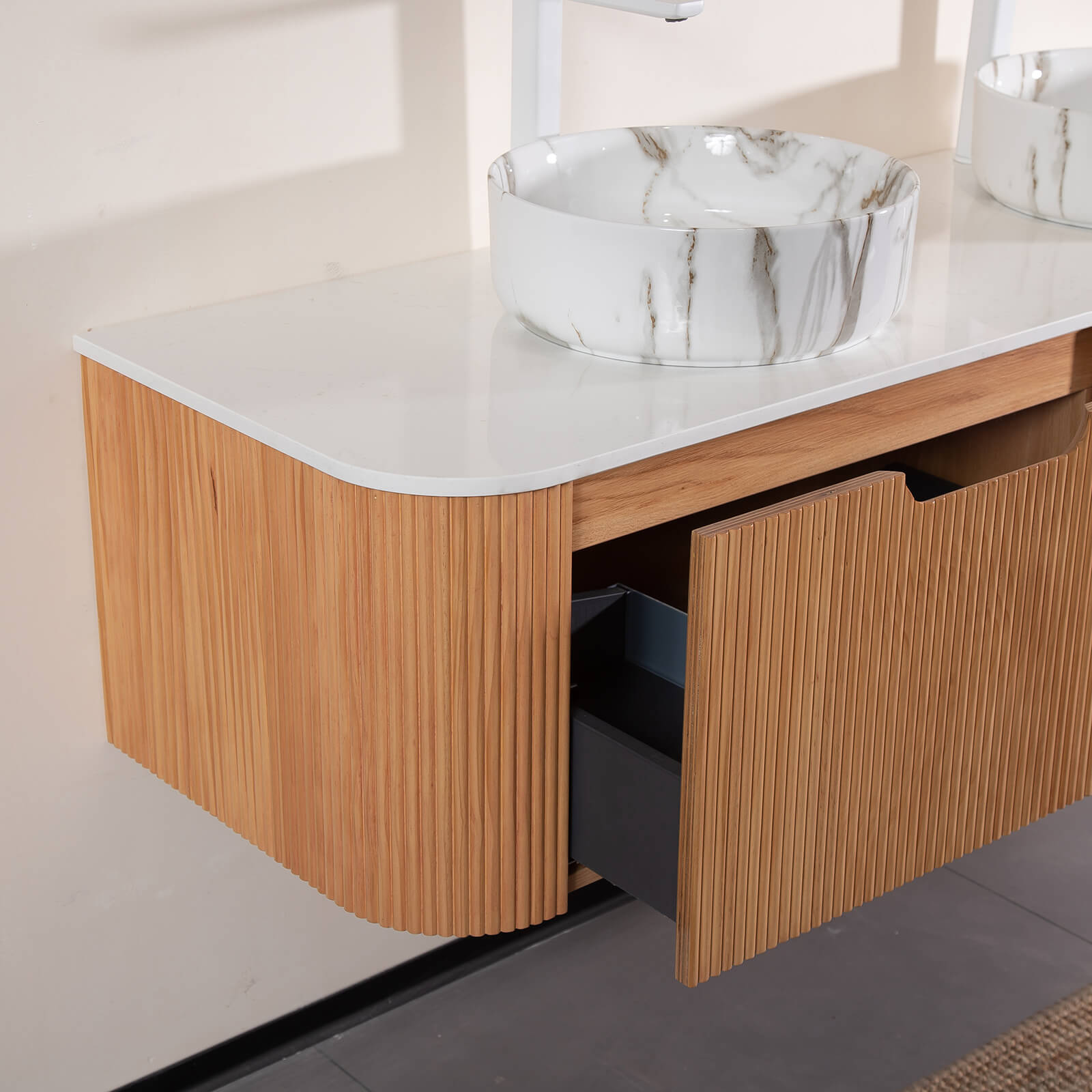 60 inch white oak double sink bathroom vanity with stone veined ceramic basins