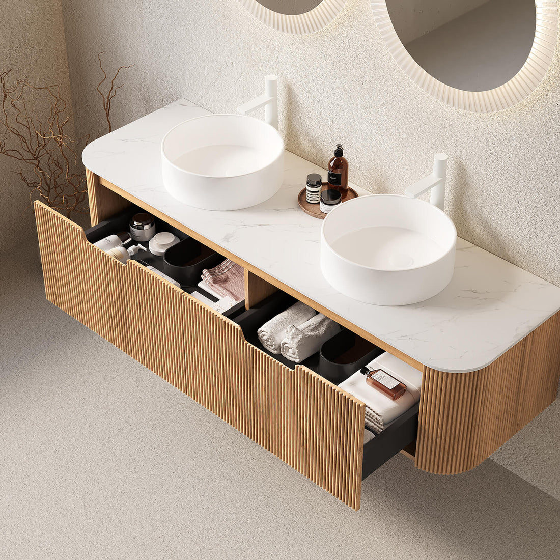60 inch white oak floating bathroom vanity with vessel sink
