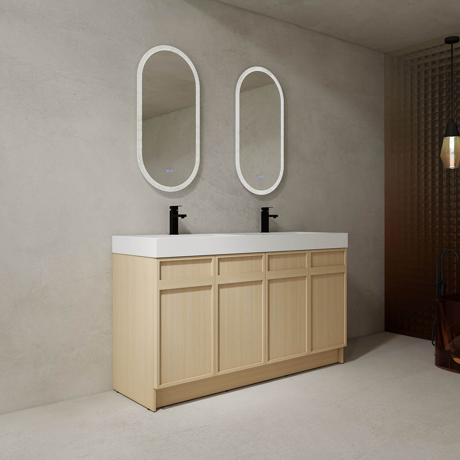 60-inch White Oak Bathroom Vanity with Double Resin Sink and Soft Close Doors