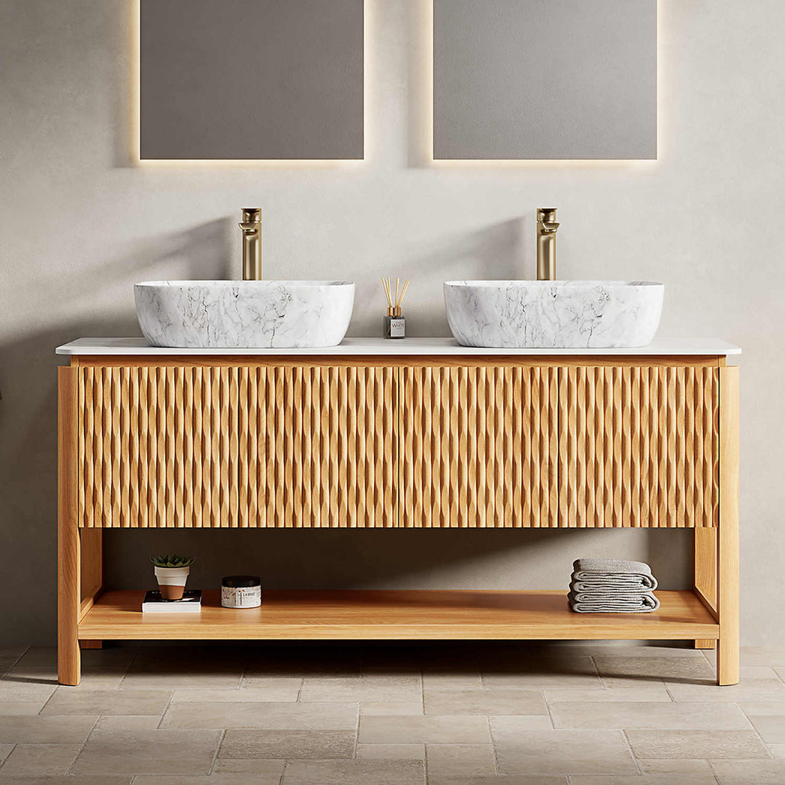 60 inch Freestanding White Oak Fluted Double Sink Bathroom Vanity with Open Storage Shelf