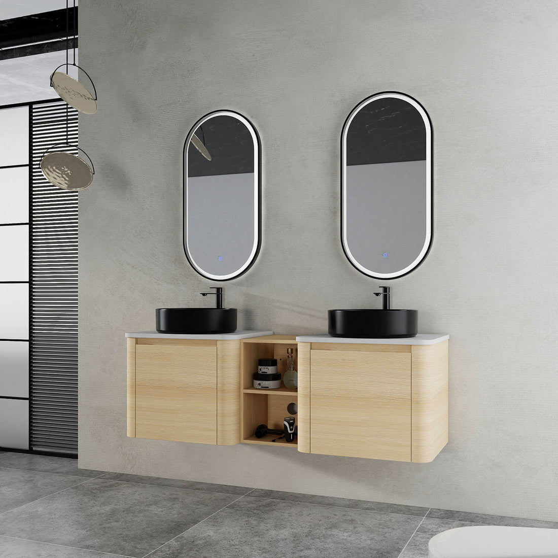 60 inch White Oak Bathroom Vanity-Double Black Ceramic Sink and Open Shelves