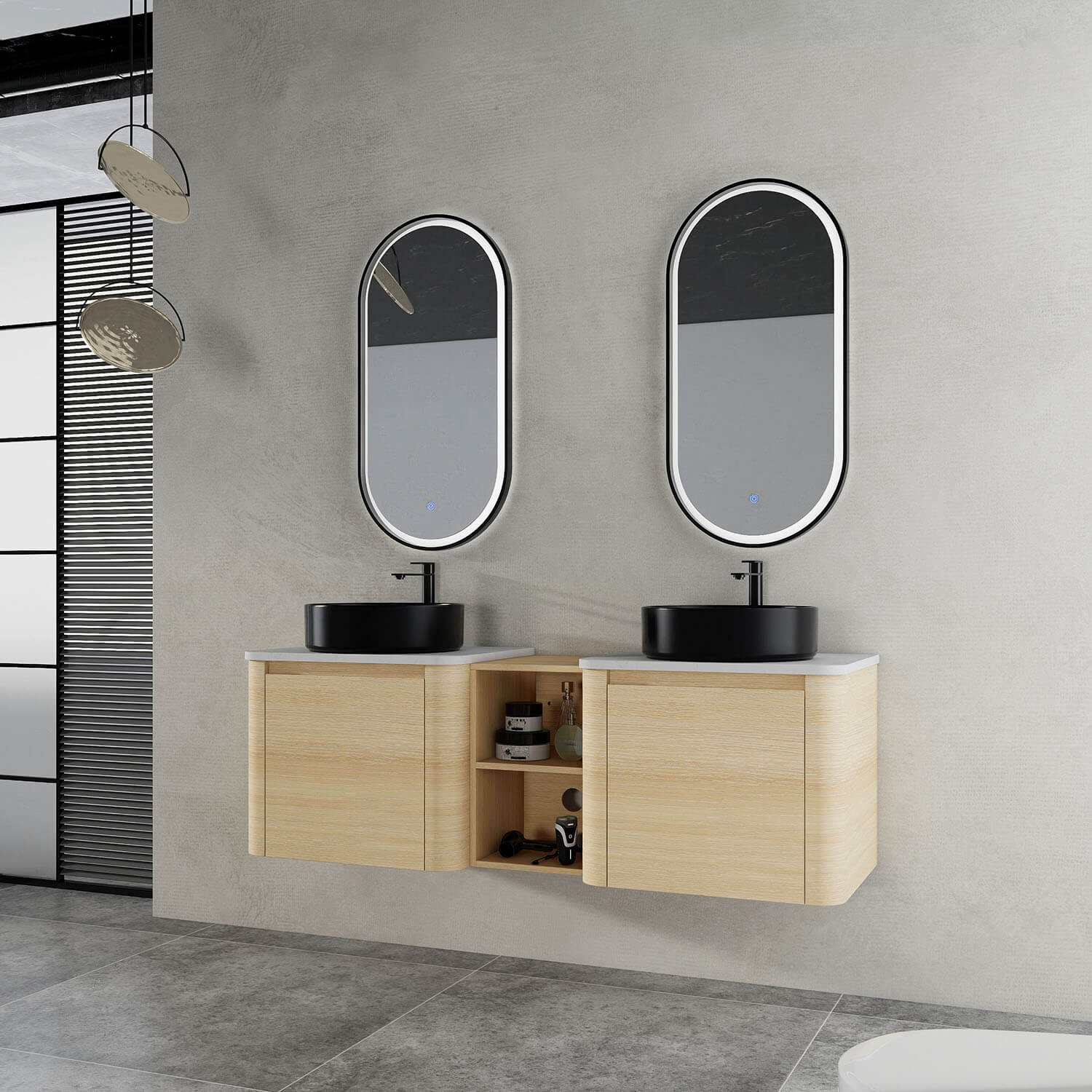 60 inch White Oak Bathroom Vanity-Double Black Ceramic Sink and Open Shelves