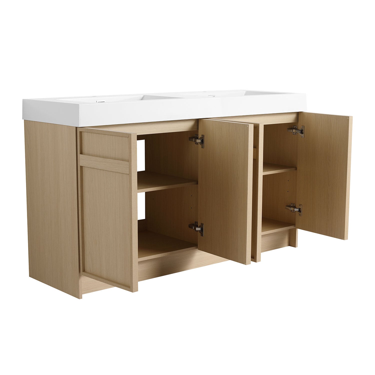60 inch White Oak Bathroom Vanity-Double Resin Sink and Soft Close Doors