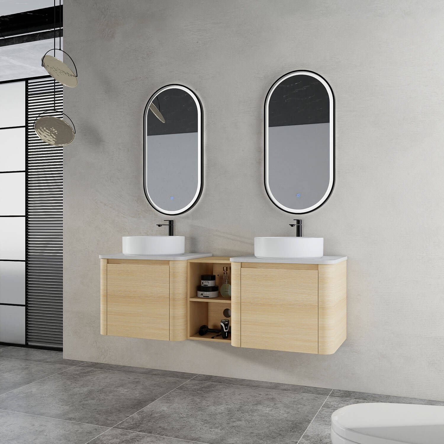 60 inch White Oak Bathroom Vanity-Double White Ceramic Sink and Open Shelves