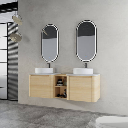 60 inch White Oak Bathroom Vanity-Double White Ceramic Sink and Open Shelves