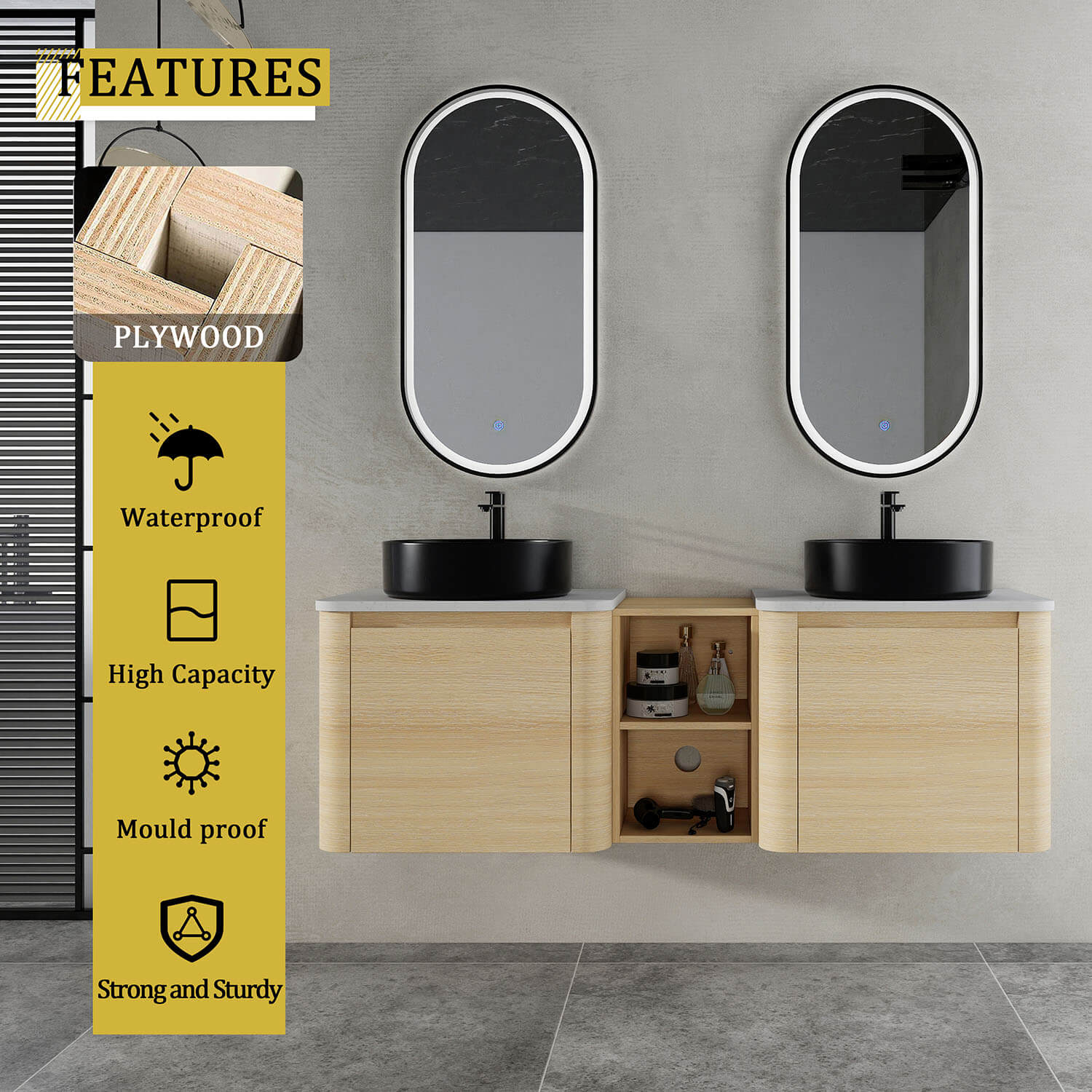 60 inch White Oak Bathroom Vanity with Double Black Ceramic Sink and Open Shelves-material