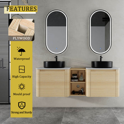 60 inch White Oak Bathroom Vanity with Double Black Ceramic Sink and Open Shelves-material