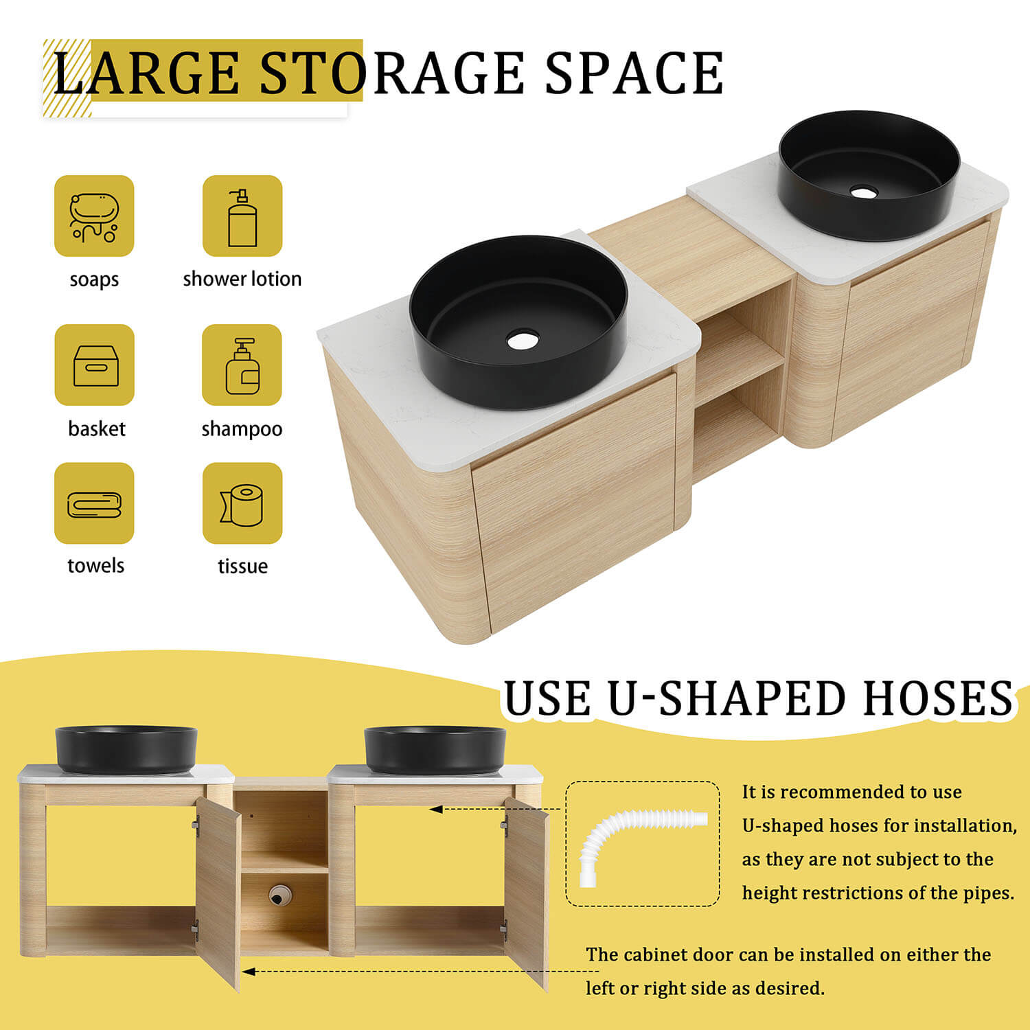 60 inch White Oak Bathroom Vanity with Double Black Ceramic Sink and Open Shelves-storage space