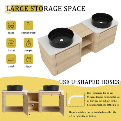 60 inch White Oak Bathroom Vanity with Double Black Ceramic Sink and Open Shelves-storage space