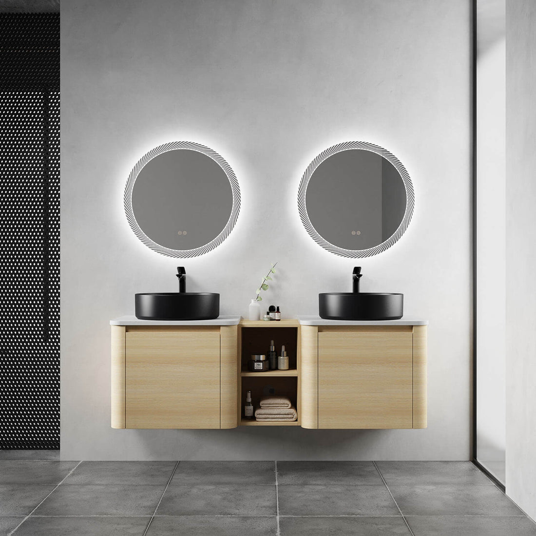 60 inch White Oak Bathroom Vanity with Double Black Ceramic Sink and Open Shelves
