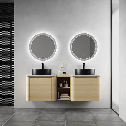 60 inch White Oak Bathroom Vanity with Double Black Ceramic Sink and Open Shelves