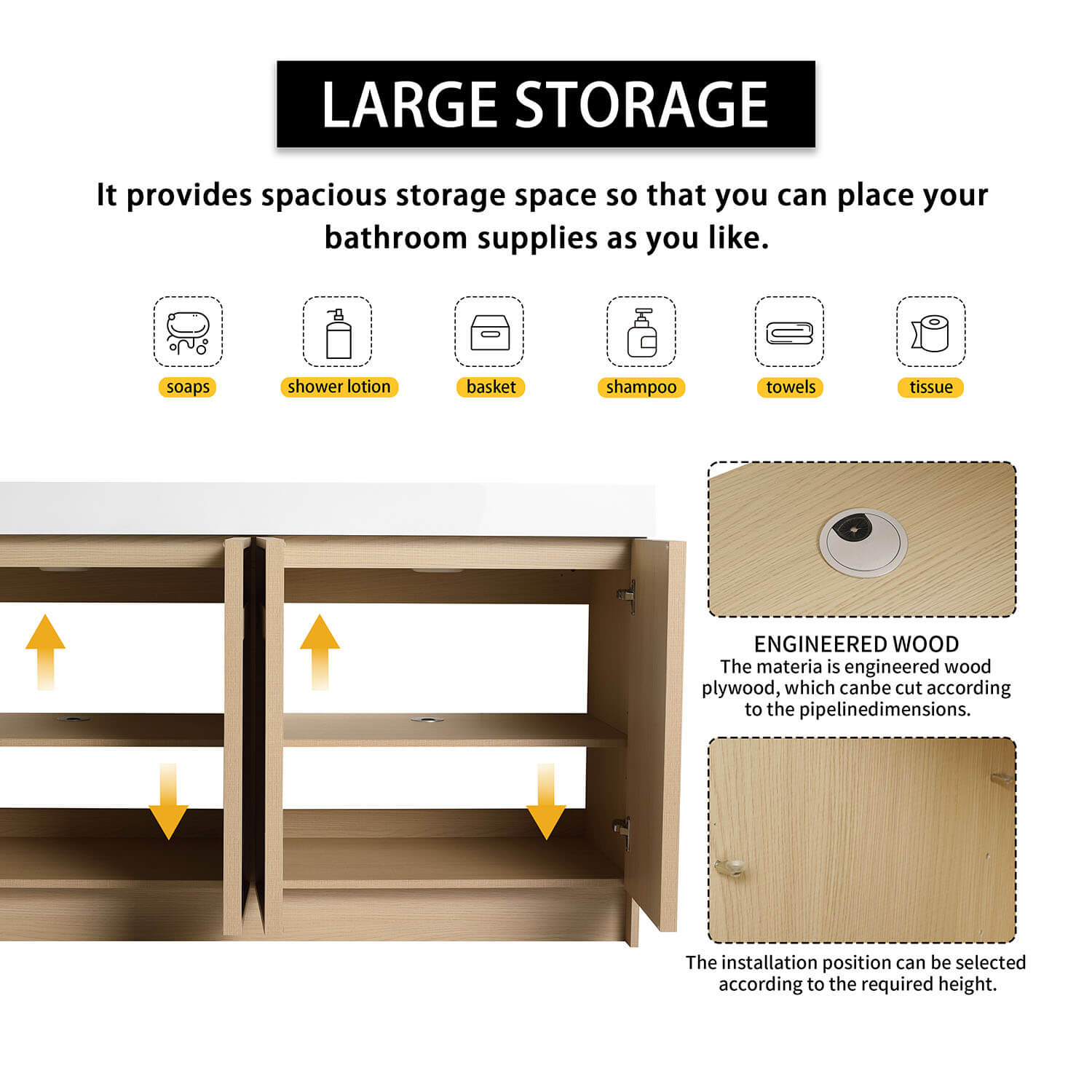 60 inch White Oak Bathroom Vanity with Double Resin Sink and Soft Close Doors-large storage