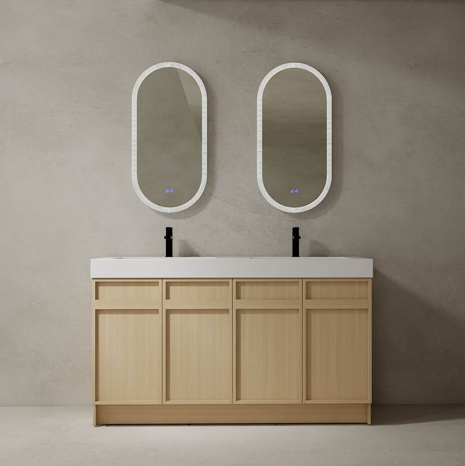 60 inch White Oak Bathroom Vanity with Double Resin Sink and Soft Close Doors