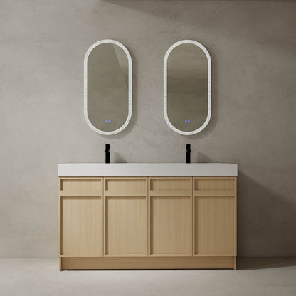 60 inch White Oak Bathroom Vanity with Double Resin Sink and Soft Close Doors