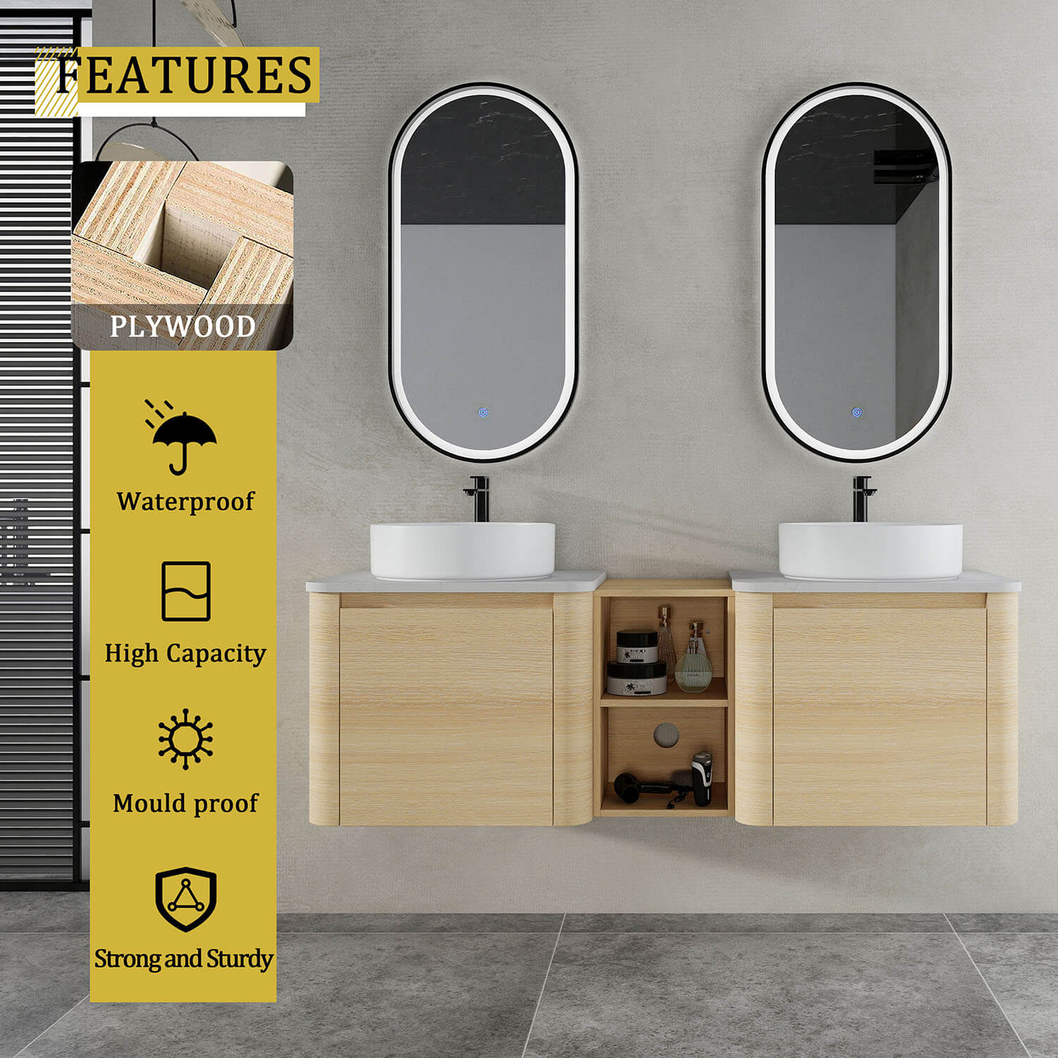 60 inch White Oak Bathroom Vanity with Double White Ceramic Sink and Open Shelves-material