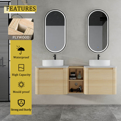 60 inch White Oak Bathroom Vanity with Double White Ceramic Sink and Open Shelves-material