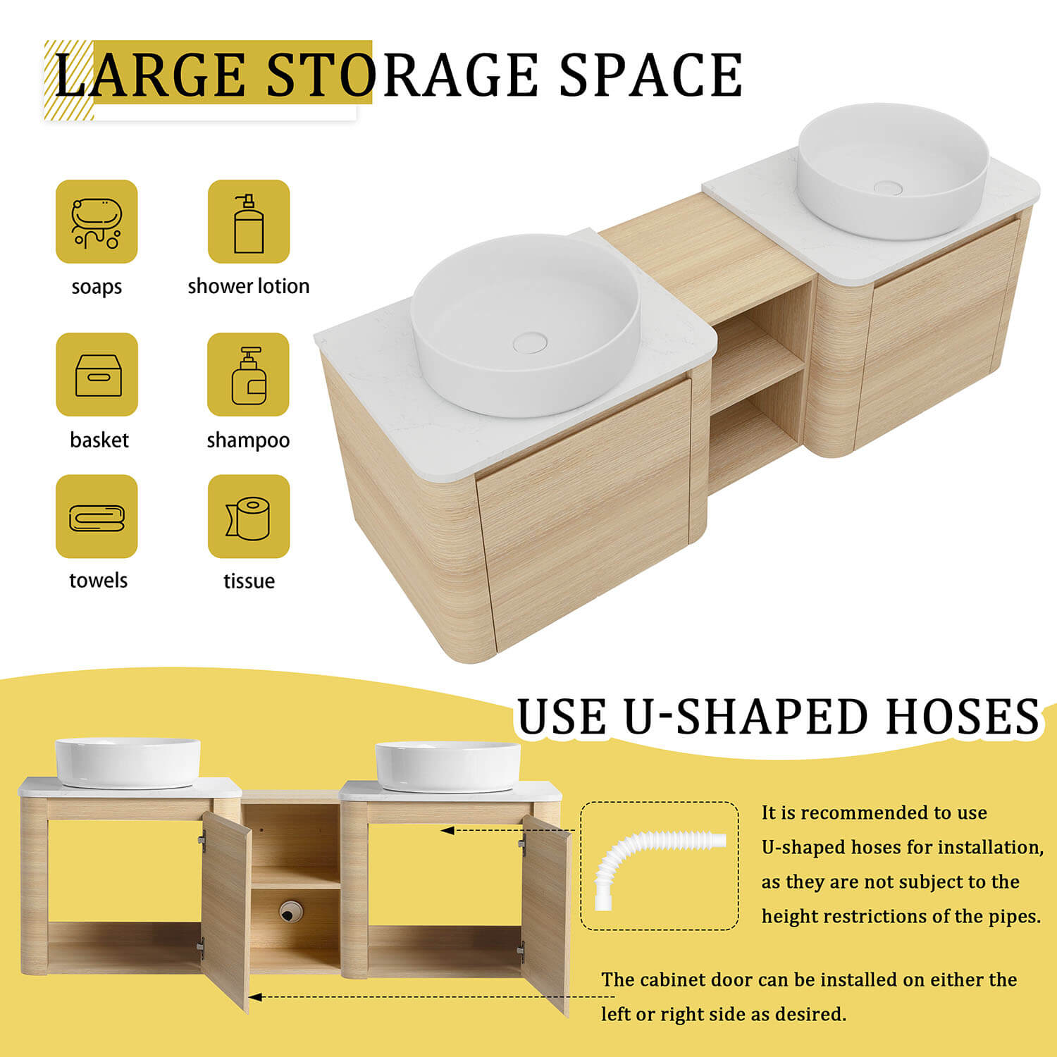 60 inch White Oak Bathroom Vanity with Double White Ceramic Sink and Open Shelves-storage space