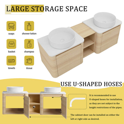 60 inch White Oak Bathroom Vanity with Double White Ceramic Sink and Open Shelves-storage space