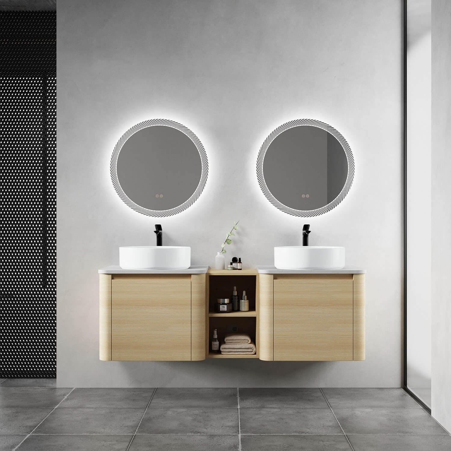 60 inch White Oak Bathroom Vanity with Double White Ceramic Sink and Open Shelves