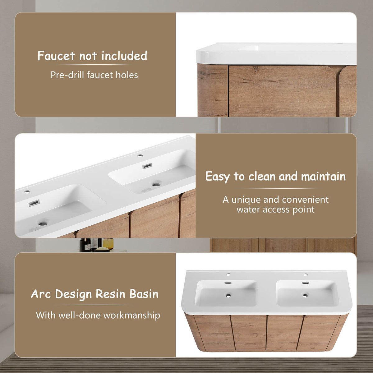 60 inch bathroom vanity with seamless double resin sink and pre-drilled faucet holes
